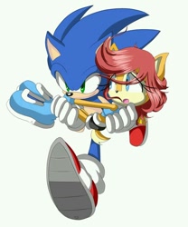 Size: 736x883 | Tagged: safe, artist:kiipuonranningu, sally acorn, sonic the hedgehog, chipmunk, hedgehog, carrying them, deactivated deviantart account, deactivated tumblr account, duo, female, male, running, sally x sonic, sally's ringblader outfit, shipping, straight, white background