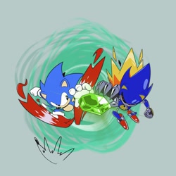 Size: 2048x2048 | Tagged: safe, artist:biolizard02, metal sonic, sonic the hedgehog, hedgehog, sonic cd, 2020, duo, grey background, looking at them, male, reaching up, robot, running, simple background, time stone