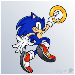 Size: 1080x1080 | Tagged: safe, artist:biolizard02, artist:burst_art, sonic the hedgehog, 2020, collaboration, grey background, grin, holding something, looking at viewer, ring, simple background, smile, solo, style emulation, uekawa style