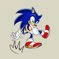 Size: 2048x2048 | Tagged: safe, artist:biolizard02, sonic the hedgehog, 2019, grey background, looking at viewer, mouth open, signature, simple background, smile, solo, style emulation, thumbs up, uekawa style, wink