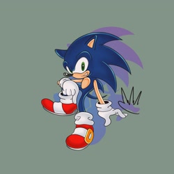 Size: 2048x2048 | Tagged: safe, artist:biolizard02, sonic the hedgehog, hedgehog, 2019, green background, grin, looking at viewer, male, signature, simple background, sitting, smile, solo, style emulation, uekawa style