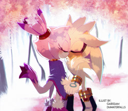 Size: 800x699 | Tagged: safe, artist:diawaterfalls, artist:gabssam, blaze the cat, silver the hedgehog, cat, hedgehog, 2019, duo, english text, female, holding hands, male, shipping, silvaze, snuggling, straight, tree