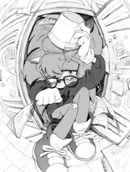Size: 1536x2048 | Tagged: safe, artist:qoooop03, nicky, 2026, blushing, bucket, glasses, greyscale, lidded eyes, monochrome, sitting, solo, sonic the hedgehog (shogakukan), sweater