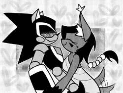 Size: 2048x1536 | Tagged: safe, artist:thecoolradcoffin, nicole the hololynx, shard the metal, lynx, 2024, black and white, duo, female, heart, hololynx, male, robot, shardicole, shipping, straight