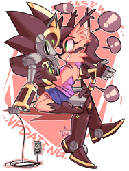 Size: 1200x1600 | Tagged: safe, artist:galaxynite, nicole the hololynx, shard the metal, lynx, 2018, alternate outfit, charging, duo, exclamation mark, female, hand on cheek, happy, hololynx, looking at viewer, male, robot, shardicole, shipping, sitting, speech bubble, straight, talking, watermark