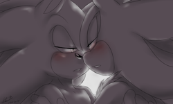 Size: 1000x600 | Tagged: safe, artist:f-sonic, shadow the hedgehog, sonic the hedgehog, 2014, blushing, clenched teeth, close-up, duo male, gay, greyscale, holding each other, lidded eyes, looking at each other, male, males only, monochrome, shadow x sonic, shipping, signature, simple background, spot color, white background, youtube link in description