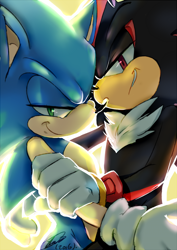 Size: 600x848 | Tagged: safe, artist:f-sonic, shadow the hedgehog, sonic the hedgehog, hedgehog, 2016, clenched teeth, duo, duo male, gay, holding arm, holding each other, lidded eyes, looking at viewer, male, males only, shadow x sonic, shipping, signature, simple background, smile, smiling at viewer, smirk, standing, yellow background