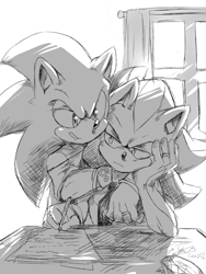 Size: 600x800 | Tagged: safe, artist:f-sonic, shadow the hedgehog, sonic the hedgehog, hedgehog, 2015, clothes, curtain, duo, duo male, frown, gay, head rest, hugging, lidded eyes, line art, looking at each other, male, males only, monochrome, paper, pencil, shadow x sonic, shipping, sitting, smile, standing, table, window