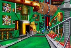 Size: 8399x5747 | Tagged: safe, artist:lkurdyl, miles "tails" prower, sonic the hedgehog, fox, hedgehog, metropolis zone, sonic the hedgehog 2, 2025, abstract background, agender, asteron, badnik, cogwheel, electricity, group, machinery, male, pipe, railing, red sclera, robot, standing, wire