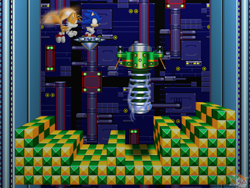 Size: 800x600 | Tagged: safe, artist:hazard-the-porgoyle, miles "tails" prower, sonic the hedgehog, fox, hedgehog, carnival night zone, 2009, agender, block, bowling spin, electricity, fight, flying, lineless, male, mid-air, robot, side view, sonic the hedgehog 3, trio