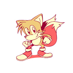 Size: 1100x1100 | Tagged: safe, artist:nkognz, miles "tails" prower, fox, 2021, classic tails, clenched fists, clenched teeth, flat colors, looking at viewer, male, shadow (lighting), simple background, smile, smiling at viewer, solo, solo male, standing, white background