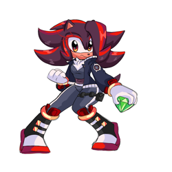 Size: 1280x1280 | Tagged: safe, artist:sumpthinphishy, shadow the hedgehog, hedgehog, 2022, abs, boots, chaos emerald, clenched fist, clothes, crop top, eyelashes, female, g.u.n logo, gender swap, holding something, jacket, looking at viewer, midriff, pants, shirt, simple background, solo, solo female, white background