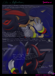 Size: 848x1161 | Tagged: safe, artist:segamew, shadow the hedgehog, sonic the hedgehog, hedgehog, comic:like a reflection, 2009, arm around shoulders, border, dialogue, duo, duo male, english text, gay, hugging, kiss, male, males only, nighttime, outdoors, shadow x sonic, shipping, signature, text