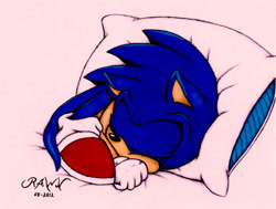 Size: 2426x1836 | Tagged: safe, artist:rawn89, sonic the hedgehog, hedgehog, 2012, curled up, eyes closed, lying down, lying on front, male, pillow, signature, simple background, sleeping, solo, solo male, white background