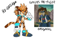 Size: 736x552 | Tagged: artist needed, source needed, safe, sonic underground, character name, clothes, english text, eyewear on head, flat colors, gilet, gloves, looking at viewer, male, redesign, reference inset, shoes, simple background, smile, smiling at viewer, solo, solo male, standing, stripes the tiger, sunglasses, text, tiger, useless source url, white background