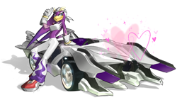 Size: 2688x1512 | Tagged: safe, artist:oiix0xiio, wave the swallow, bird, 2025, car, female, heart, leaning, leaning back, leaning on something, looking at viewer, simple background, solo, solo female, sonic racing crossworlds, sparkles, standing, vehicle, white background