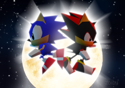 Size: 1920x1350 | Tagged: safe, artist:zoiby, shadow the hedgehog, sonic the hedgehog, hedgehog, sonic adventure 2, sonic r, 2016, abstract background, duo, duo male, looking offscreen, low poly, male, males only, mid-air, moon, nighttime, outdoors, redraw, star (sky)