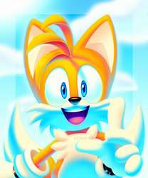 Size: 1280x1539 | Tagged: safe, artist:zoiby, miles "tails" prower, fox, 2020, clouds, daytime, eyestrain, lineless, male, mouth open, open smile, smile, smiling at viewer, solo, solo male, standing, v sign