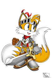 Size: 2500x3750 | Tagged: safe, artist:nekutaro, miles "tails" prower, fox, 2024, holding something, knight armor, looking offscreen, male, mouth open, open smile, signature, smile, solo, solo male, standing, style emulation, sword, uekawa style, valiant knight tails, weapon