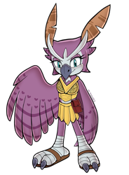 Size: 1536x2092 | Tagged: safe, artist:cartesia-dawn, longclaw, bird, owl, 2020, claws, clothes, eyelashes, female, looking at viewer, mobianified, redesign, simple background, smile, smiling at viewer, solo, solo female, standing, style emulation, transparent background, uekawa style, wings