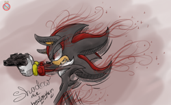 Size: 3966x2431 | Tagged: safe, artist:shadowhatesomochao, shadow the hedgehog, hedgehog, 2013, character name, english text, glowing eyes, gradient background, gun, holding something, lidded eyes, looking offscreen, male, side view, smile, solo, solo male, standing, text