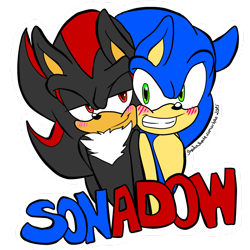 Size: 1280x1280 | Tagged: safe, artist:shadowhatesomochao, shadow the hedgehog, sonic the hedgehog, 2015, blushing, cheek squish, cheek to cheek, duo, duo male, english text, flat colors, gay, lidded eyes, looking at them, looking at viewer, male, males only, outline, shadow x sonic, ship name, shipping, simple background, smile, text, transparent background