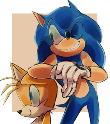 Size: 850x956 | Tagged: safe, artist:un-genesis, miles "tails" prower, sonic the hedgehog, fox, hedgehog, 2018, arm rest, duo, duo male, leaning, leaning on them, looking offscreen, males only, smile, standing, wink