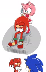 Size: 1320x2048 | Tagged: safe, artist:oudooooon427, amy rose, knuckles the echidna, sonic the hedgehog, 2025, alternate hairstyle, comic, cross popping vein, eyes closed, hair up, holding something, laughing, lidded eyes, looking at each other, looking at them, simple background, sitting, smile, standing, tongue out, trio, twintails, white background