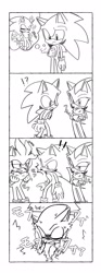 Size: 760x2048 | Tagged: safe, artist:oudooooon427, shadow the hedgehog, silver the hedgehog, sonic the hedgehog, 2025, comic, greyscale, grin, japanese text, lidded eyes, looking at each other, looking at them, monochrome, mouth open, simple background, smile, sparkles, standing, thought bubble, trio, white background