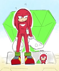 Size: 1000x1200 | Tagged: safe, artist:aoshibazakura95, knuckles the echidna, 2025, chaos emerald, chibi, duo, looking at them, master emerald, self paradox, standing