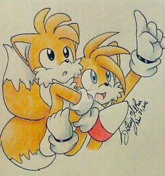 Size: 400x428 | Tagged: safe, artist:gilgummybear, miles "tails" prower, 2016, :o, carrying them, classic tails, duo, holding them, looking offscreen, looking up, mouth open, open smile, pencilwork, pointing, riding on shoulder, self paradox, signature, smile, standing, traditional media