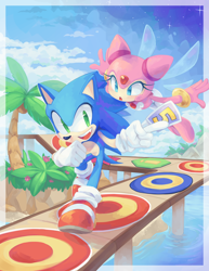 Size: 2550x3300 | Tagged: safe, artist:stardust-dreamii, lumina flowlight, sonic the hedgehog, sonic shuffle, 2019, abstract background, border, card, clouds, daytime, duo, flying, grass, holding something, mid-air, mouth open, outdoors, palm tree, running, smile, tree