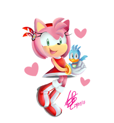 Size: 1024x1105 | Tagged: safe, artist:swiftglimmer, amy rose, flicky, sonic adventure, 2018, duo, heart, holding them, lily, lineless, looking at viewer, signature, simple background, smile, transparent background, warrior feather