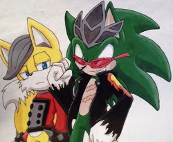 Size: 650x533 | Tagged: safe, artist:jadowic, miles (anti-mobius), scourge the hedgehog, fox, hedgehog, 2015, duo, frown, looking at viewer, looking offscreen, male, pencilwork, smile, standing, traditional media