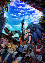 Size: 2480x3508 | Tagged: safe, artist:leons-7, amy rose, knuckles the echidna, miles "tails" prower, sonic the hedgehog, 2020, absurd res, arms folded, brick wall, clouds, goggles, group, guitar, headphones, jacket, looking at viewer, lying back, musical instrument, poster, shooshing, smile, standing