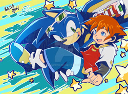 Size: 1279x935 | Tagged: safe, artist:krsnprpr, chris thorndyke, sonic the hedgehog, hedgehog, human, 2015, abstract background, carrying them, deviantart watermark, duo, duo male, extreme gear, male, males only, mouth open, obtrusive watermark, open smile, outline, riders style, signature, smile, sonic riders, star (symbol), style emulation, watermark