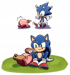 Size: 1926x2048 | Tagged: safe, artist:oudooooon427, sonic the hedgehog, 2025, chili dog, comic, crossover, duo, eating, food, holding something, kirby, looking at them, mouth open, simple background, sitting, smile, standing, white background