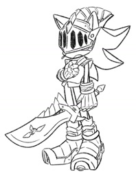 Size: 1051x1326 | Tagged: safe, artist:oudooooon427, shadow the hedgehog, sonic and the black knight, 2025, armor, greyscale, holding something, monochrome, mouth open, simple background, sir lancelot, solo, standing, sword, white background