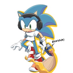 Size: 1280x1280 | Tagged: safe, artist:oudooooon427, sonic the hedgehog, 2025, crossover, headphones, holding something, japanese text, mouth open, simple background, solo, splatoon, standing, white background