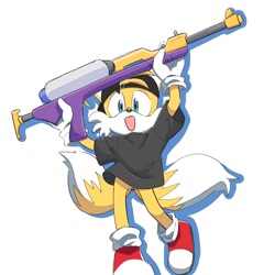 Size: 1280x1280 | Tagged: safe, artist:oudooooon427, miles "tails" prower, 2025, crossover, hat, holding something, looking at viewer, mouth open, simple background, smile, solo, splatoon, standing, white background