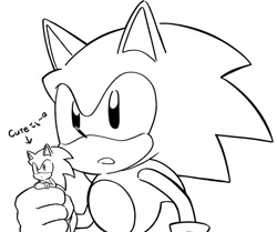 Size: 1801x1508 | Tagged: safe, artist:oudooooon427, sonic the hedgehog, 2025, classic sonic, duo, english text, greyscale, holding them, micro, monochrome, mouth open, redraw, self paradox, simple background, white background