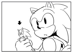 Size: 1038x734 | Tagged: safe, artist:popoco623, sonic the hedgehog, 2025, arrow, classic sonic, duo, greyscale, holding them, micro, monochrome, mouth open, self paradox, simple background, white background