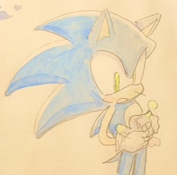 Size: 2048x2020 | Tagged: safe, artist:oudooooon427, sonic the hedgehog, chao, 2025, duo, looking at them, mouth open, simple background, standing, traditional media, watercolor