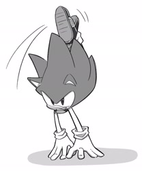 Size: 1705x2048 | Tagged: safe, artist:oudooooon427, sonic the hedgehog, 2025, greyscale, handstand, monochrome, redraw, simple background, smile, solo, white background