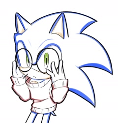 Size: 1664x1734 | Tagged: safe, artist:oudooooon427, sonic the hedgehog, 2025, glasses, looking at viewer, redraw, simple background, solo, standing, sweater, white background
