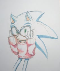 Size: 1455x1715 | Tagged: safe, artist:iyo_hghg, sonic the hedgehog, 2025, glasses, looking at viewer, simple background, solo, standing, sweater, traditional media