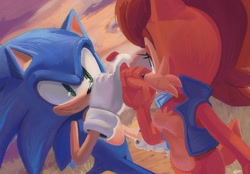 Size: 2048x1423 | Tagged: safe, artist:jadepesky, sally acorn, sonic the hedgehog, chipmunk, hedgehog, 2025, duo, female, looking at each other, male, sally x sonic, sally's vest and boots, shipping, straight