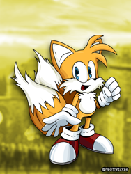 Size: 1800x2400 | Tagged: safe, artist:neostricker, miles "tails" prower, 2023, looking at viewer, mouth open, open smile, redraw, screenshot background, smile, solo, sonic 4: episode 2, standing, sylvania castle