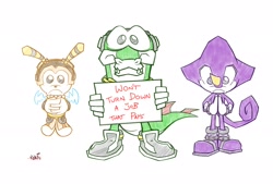 Size: 2282x1543 | Tagged: safe, artist:nokaigaming, charmy bee, espio the chameleon, vector the crocodile, faic, frown, looking at viewer, sign, team chaotix, trio