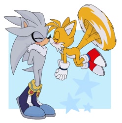 Size: 1090x1100 | Tagged: safe, artist:pachirizuu, miles "tails" prower, silver the hedgehog, 2025, blushing, cute, duo, flying, gay, nuzzle, shipping, silvails, smile, spinning tails, star (symbol)